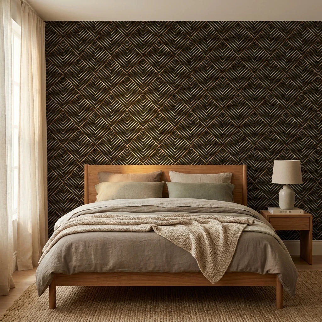 Noir Facets bold black and gold chevron geometric wallpaper in a warm and inviting living room