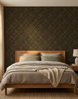 Noir Facets bold black and gold chevron geometric wallpaper in a warm and inviting living room