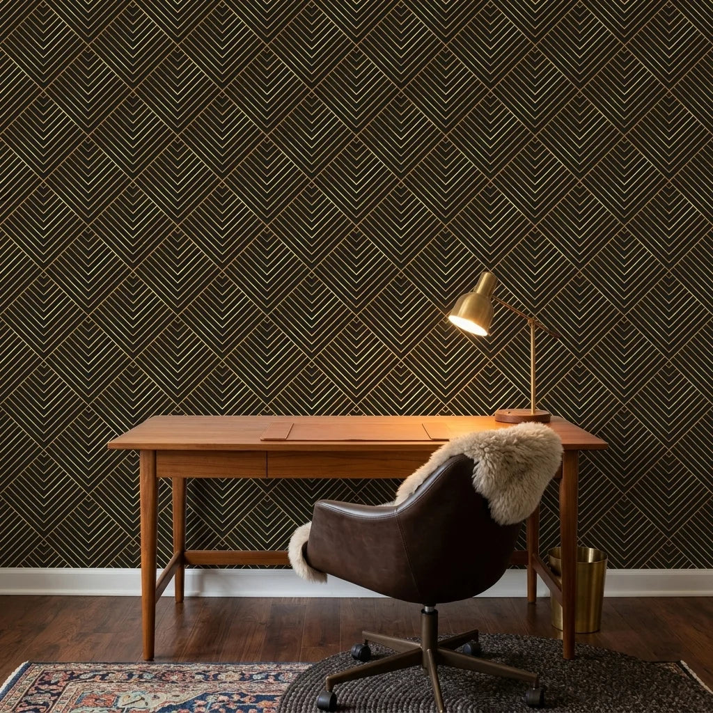 Noir Facets bold black and gold chevron geometric wallpaper adding character to a cozy bedroom