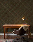 Noir Facets bold black and gold chevron geometric wallpaper adding character to a cozy bedroom