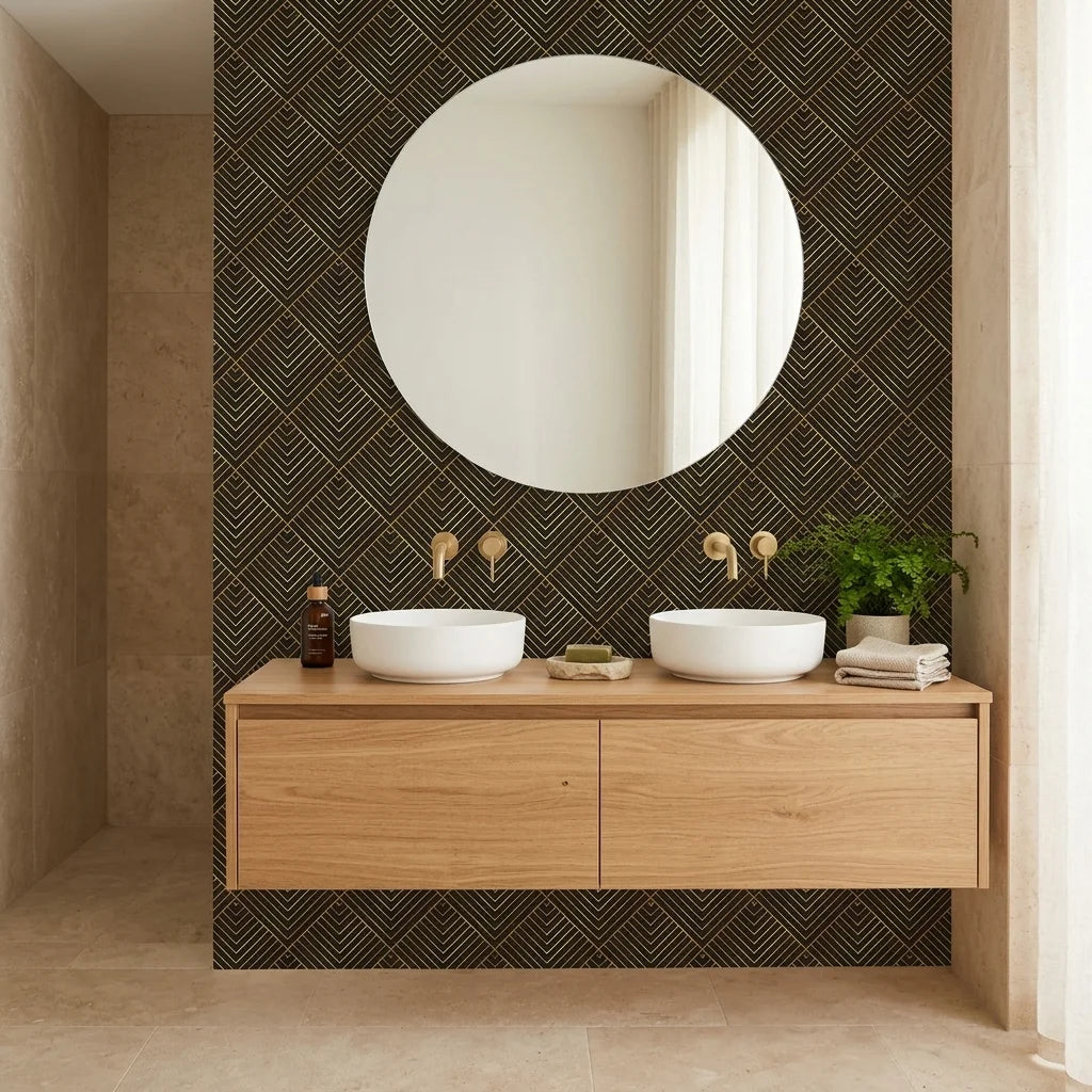 Noir Facets bold black and gold chevron geometric wallpaper as a feature wall in a bright home office