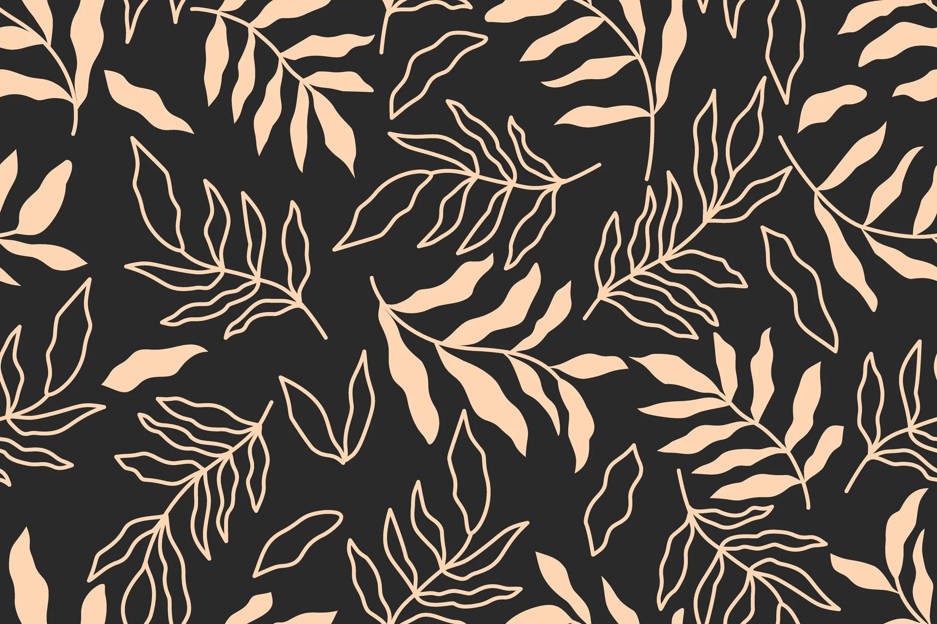 Textured black peach leaf silhouette peel and stick wallpaper - Noir Leaves