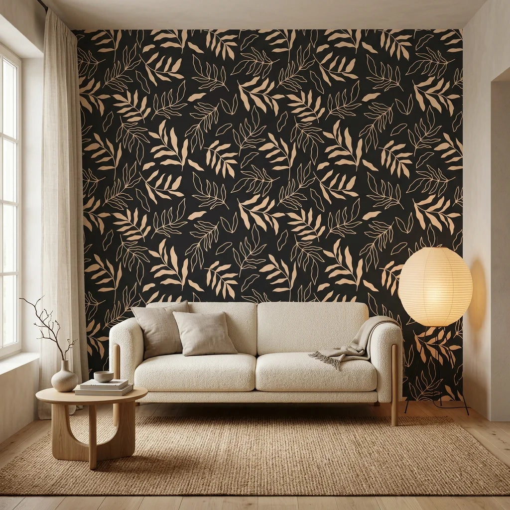 Noir Leaves dramatic black botanical in a warm and inviting living room