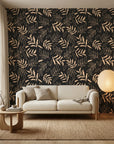 Noir Leaves dramatic black botanical in a warm and inviting living room