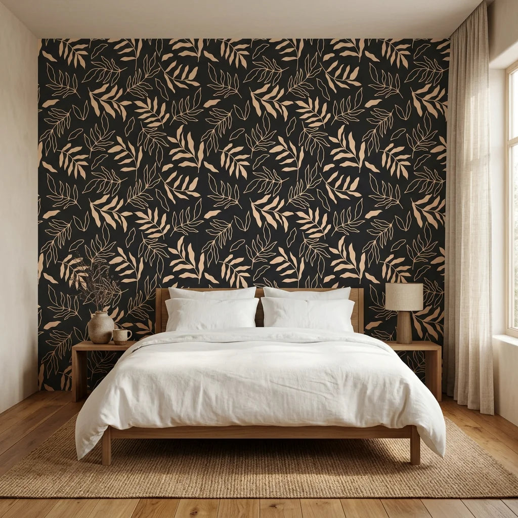 Noir Leaves dramatic black botanical adding character to a cozy bedroom