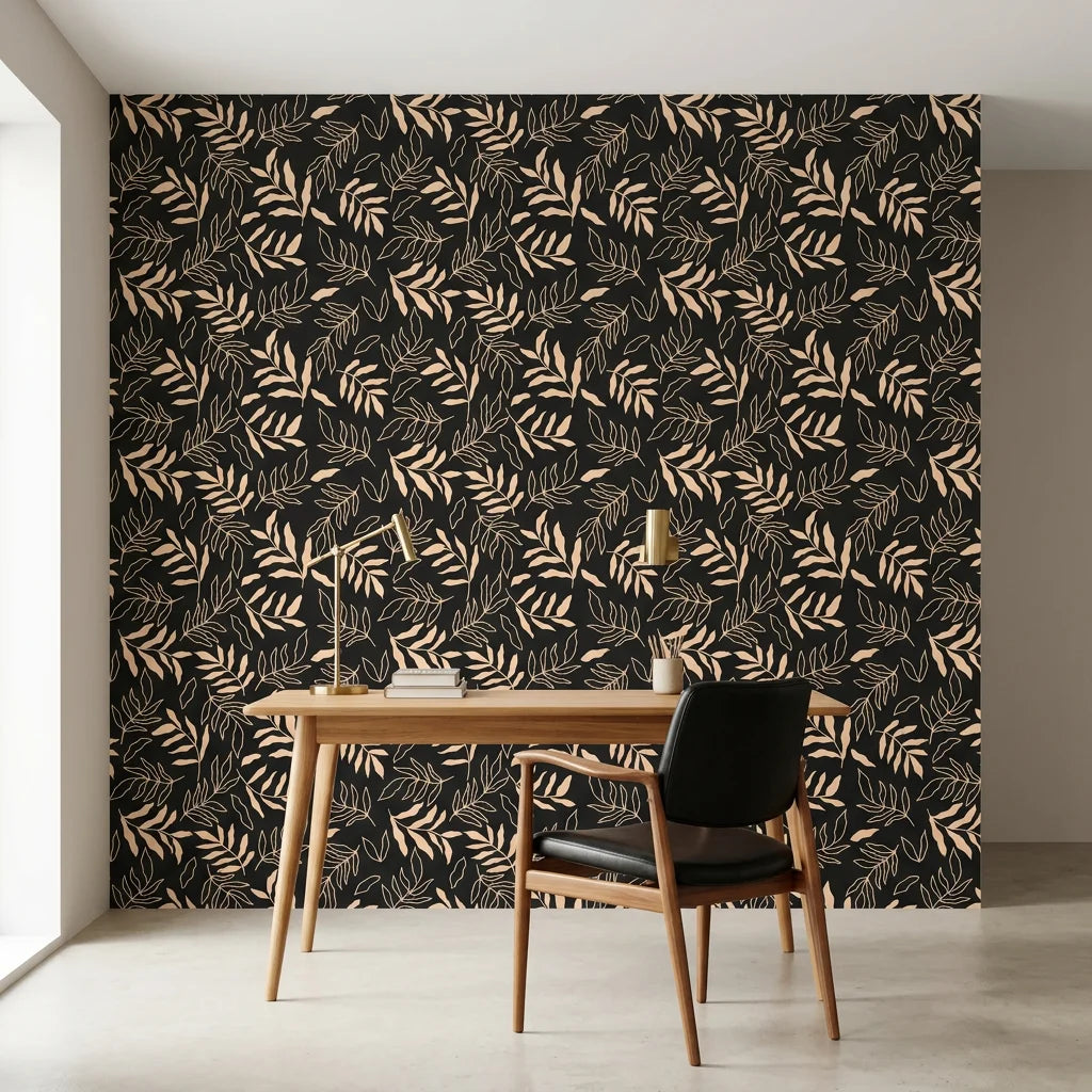 Noir Leaves dramatic black botanical as a feature wall in a bright home office