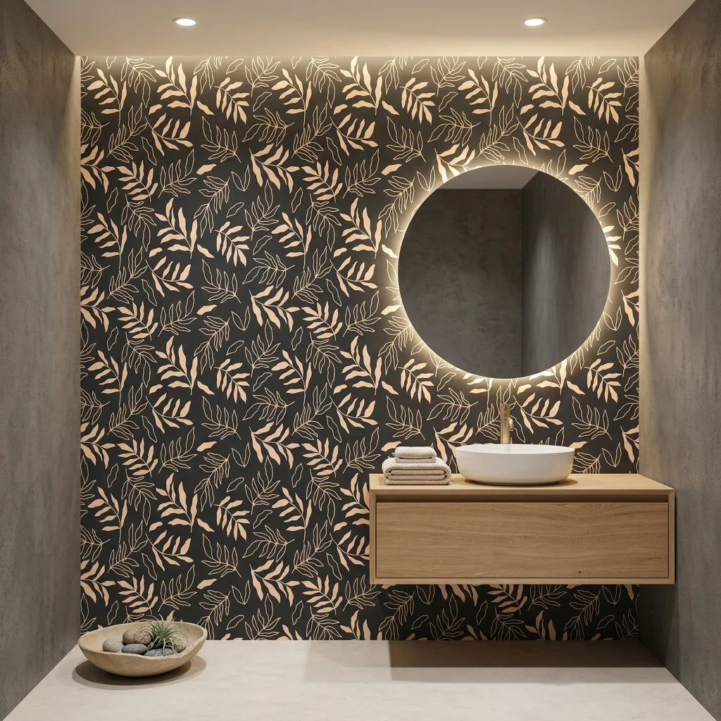 Noir Leaves dramatic black botanical creating ambiance in a serene bathroom