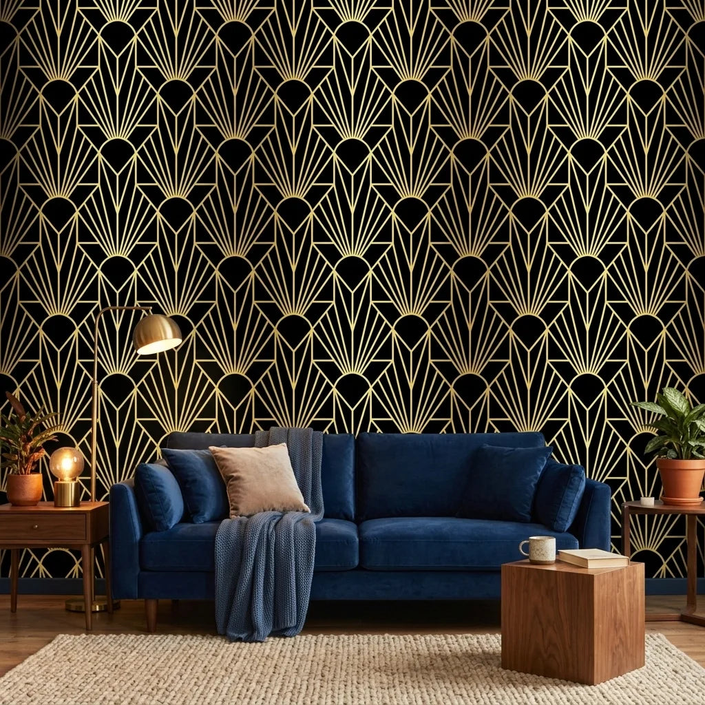 Noir Sunrise black and gold art deco sunburst wallpaper creating ambiance in a serene bathroom