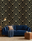 Noir Sunrise black and gold art deco sunburst wallpaper creating ambiance in a serene bathroom