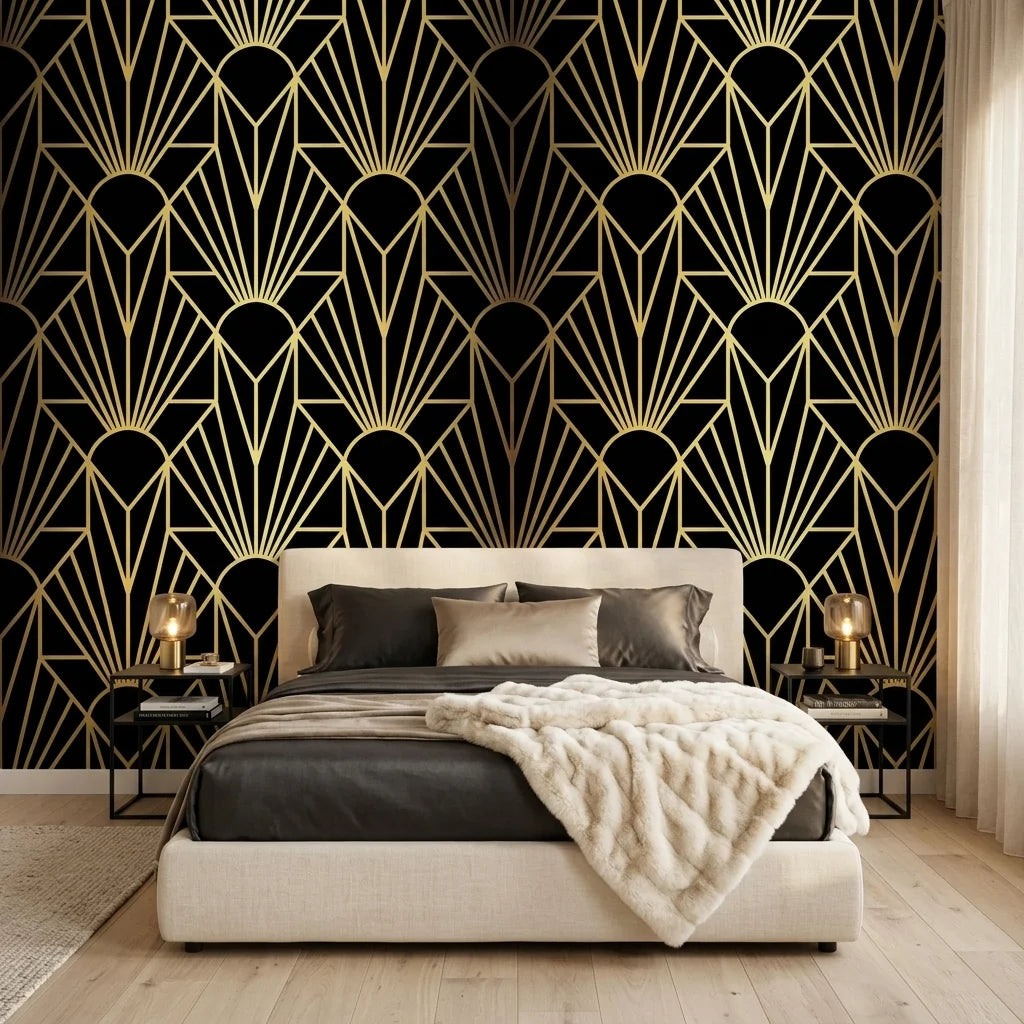 Noir Sunrise black and gold art deco sunburst wallpaper in a warm and inviting living room
