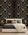 Noir Sunrise black and gold art deco sunburst wallpaper in a warm and inviting living room
