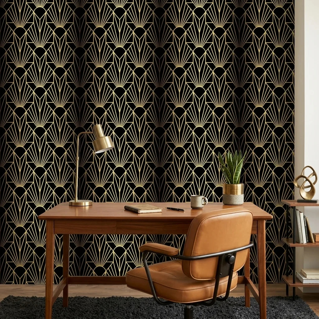 Noir Sunrise black and gold art deco sunburst wallpaper adding character to a cozy bedroom