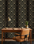 Noir Sunrise black and gold art deco sunburst wallpaper adding character to a cozy bedroom