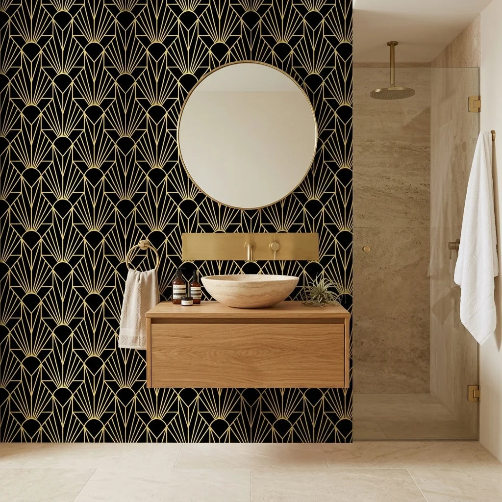 Noir Sunrise black and gold art deco sunburst wallpaper as a feature wall in a bright home office