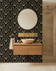 Noir Sunrise black and gold art deco sunburst wallpaper as a feature wall in a bright home office