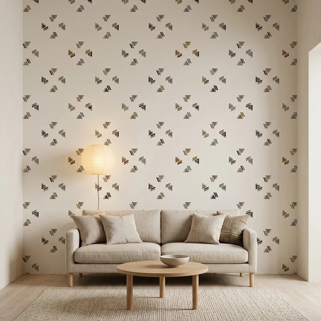 Nomad Scatter boho geometric triangle wallpaper in a warm and inviting living room