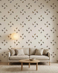 Nomad Scatter boho geometric triangle wallpaper in a warm and inviting living room