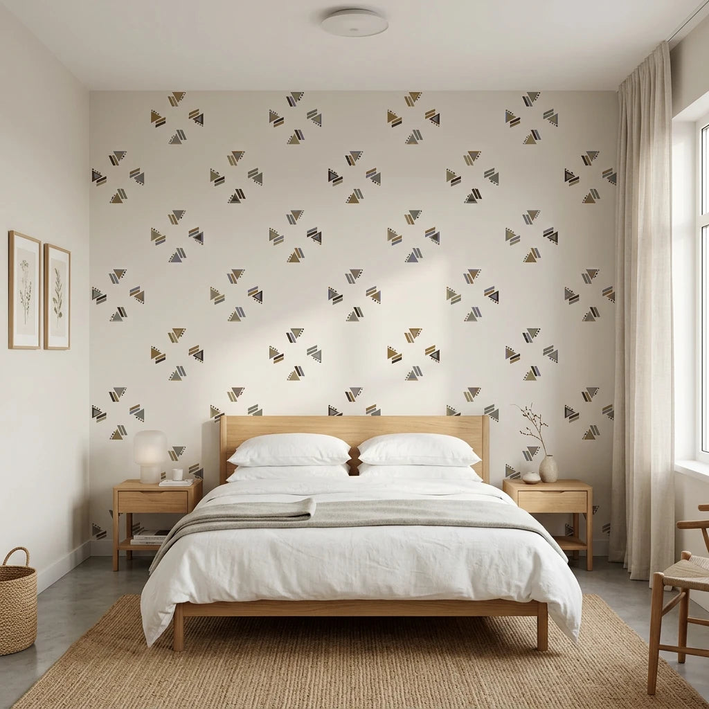 Nomad Scatter boho geometric triangle wallpaper adding character to a cozy bedroom