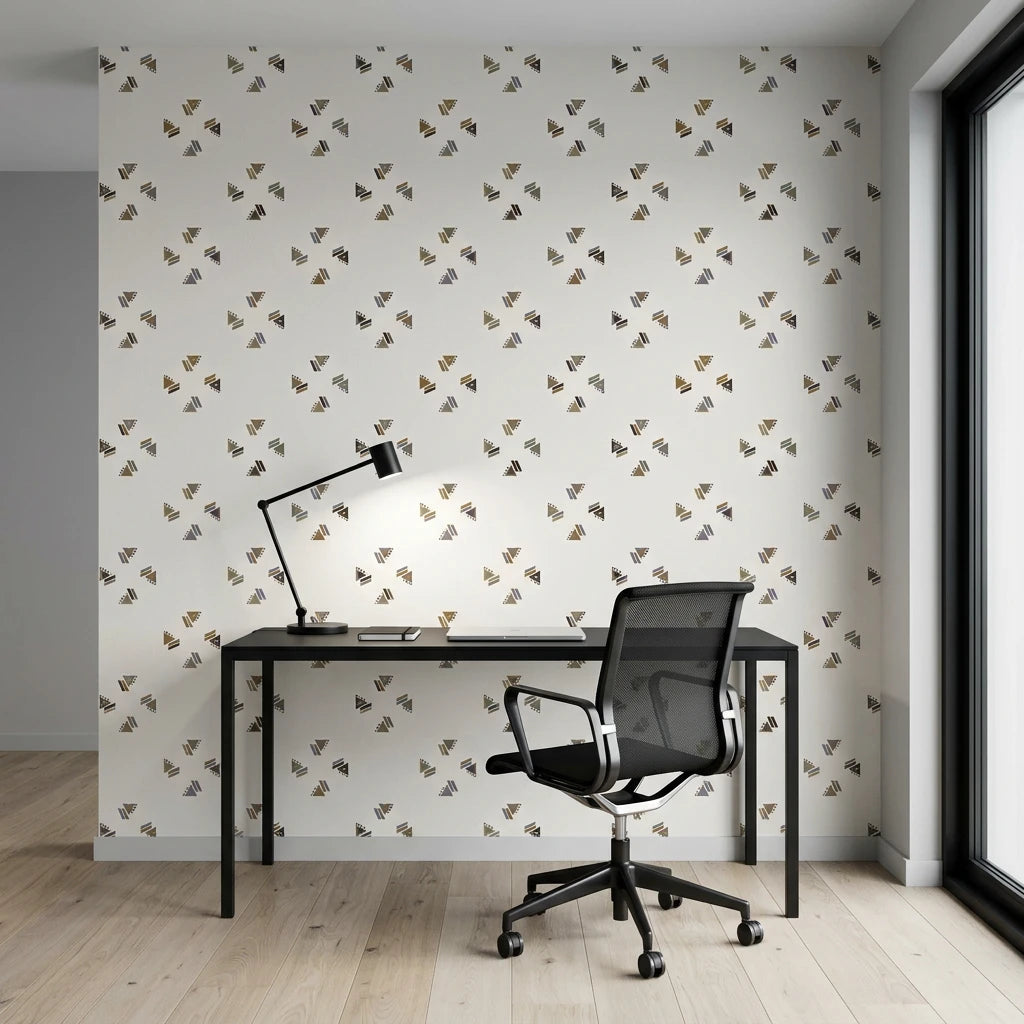 Nomad Scatter boho geometric triangle wallpaper as a feature wall in a bright home office