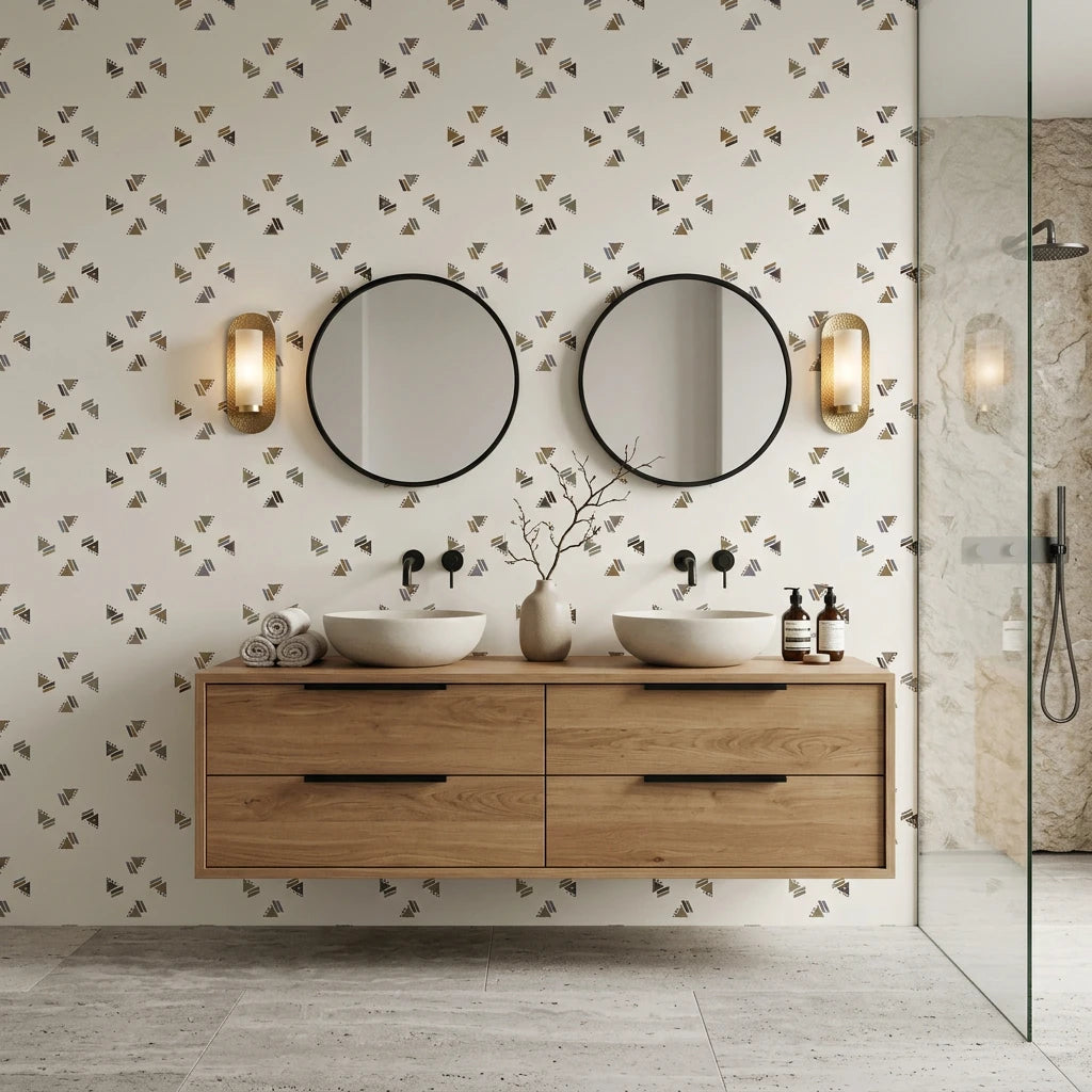 Nomad Scatter boho geometric triangle wallpaper creating ambiance in a serene bathroom