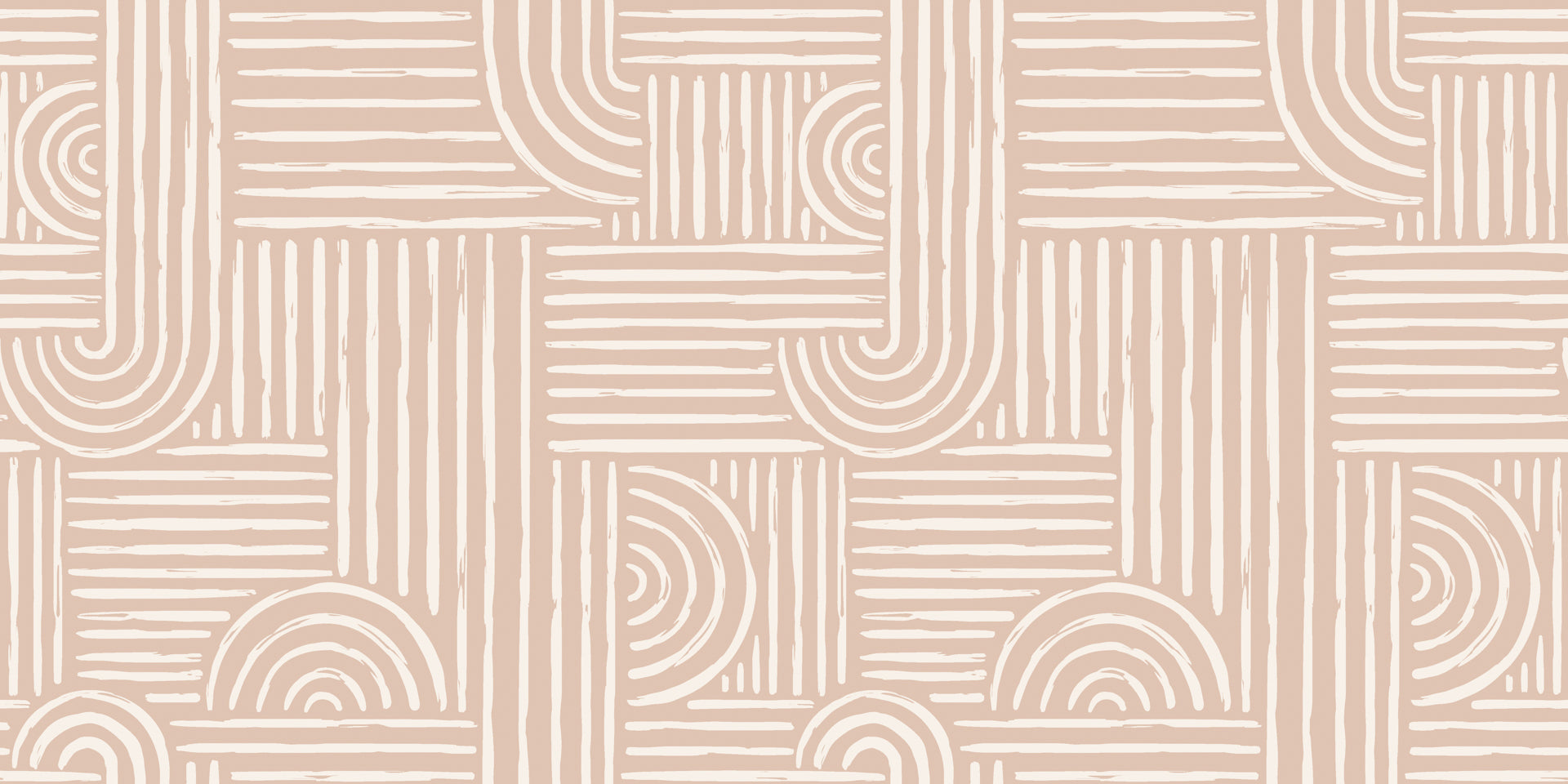 Neutral blush beige wallpaper with hand drawn white lines forming abstract arches, curves, and striped geometric blocks.
