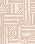 Neutral blush beige wallpaper with hand drawn white lines forming abstract arches, curves, and striped geometric blocks.