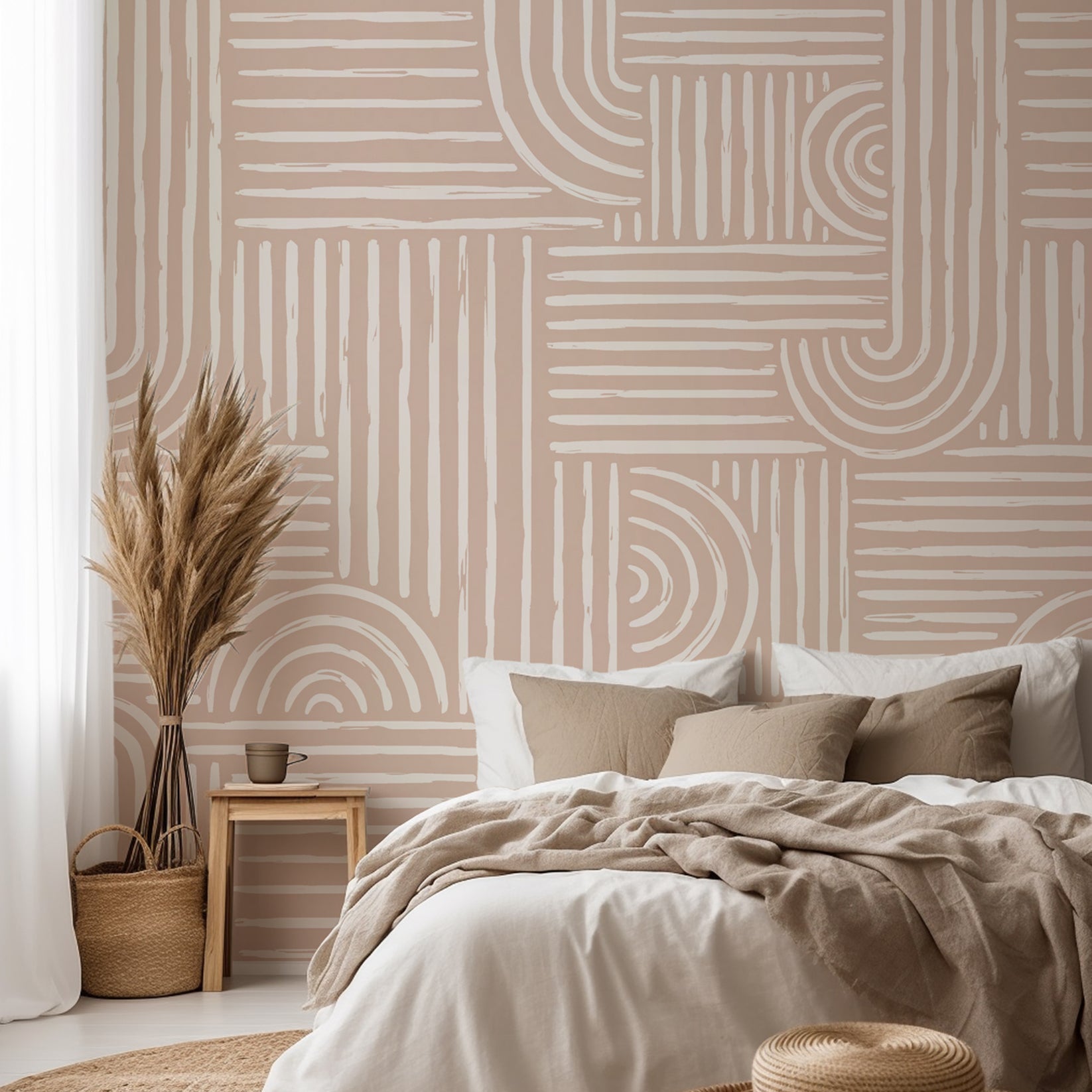 Neutral blush beige wallpaper with hand drawn white lines forming abstract arches, curves, and striped geometric blocks.