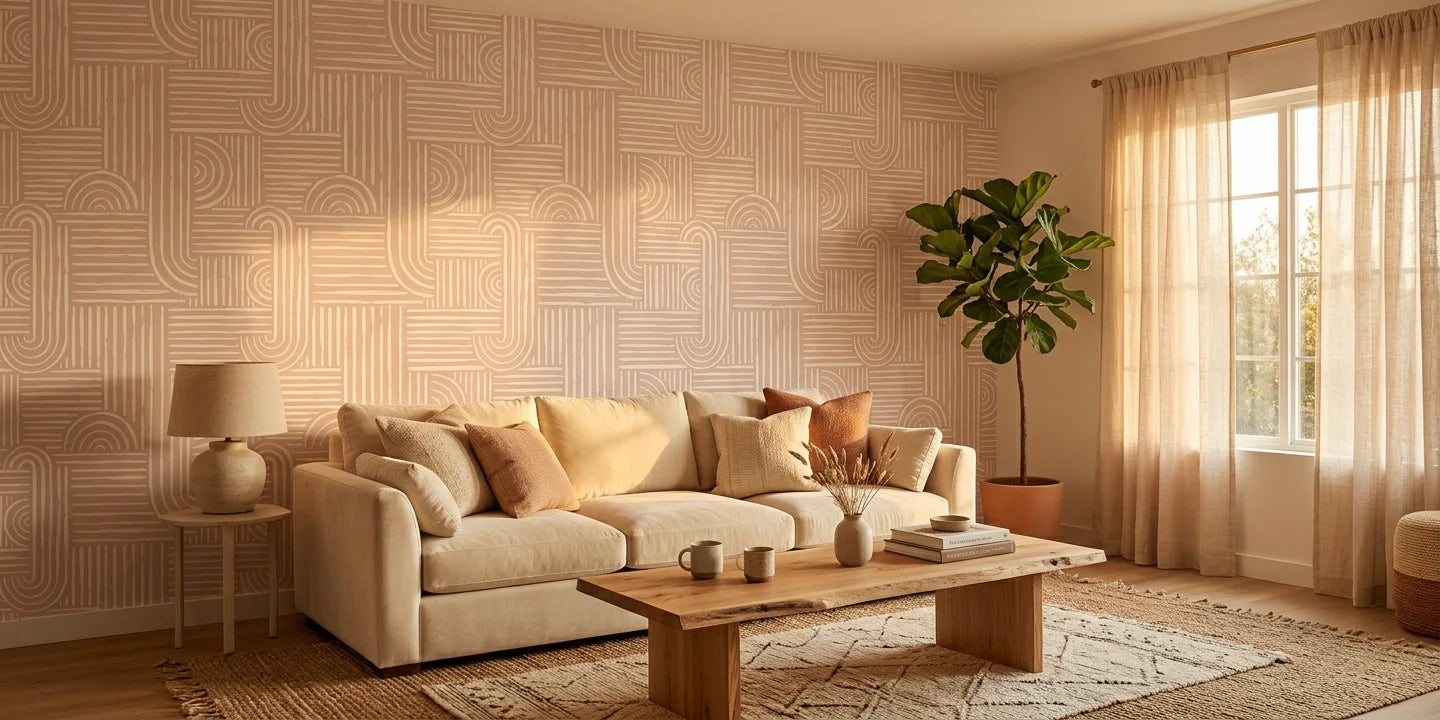 Nomad Stripe artistic wave wallpaper in a warm and inviting living room