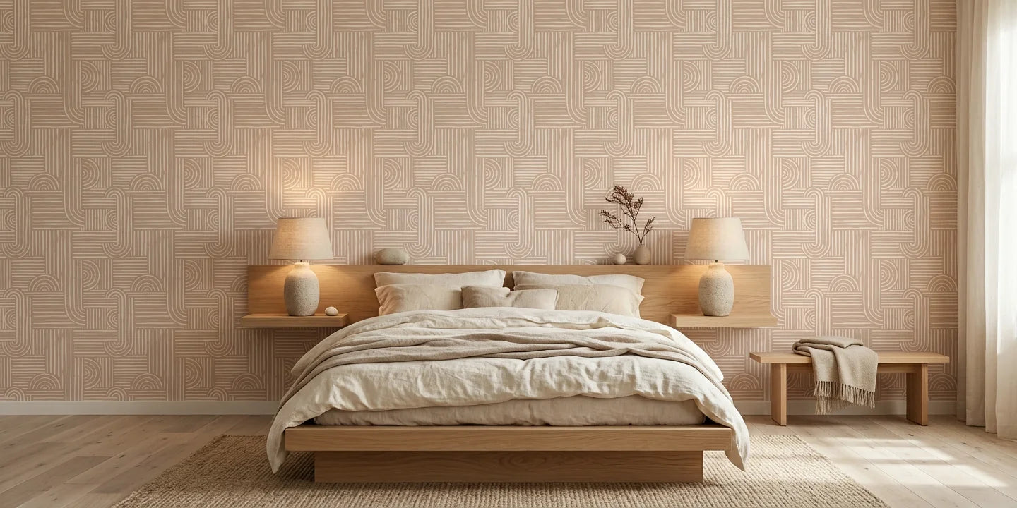 Nomad Stripe artistic wave wallpaper adding character to a cozy bedroom
