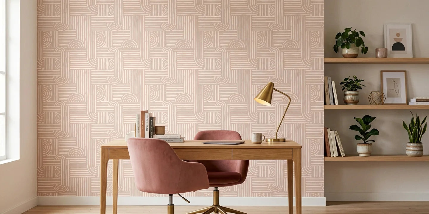 Nomad Stripe artistic wave wallpaper as a feature wall in a bright home office