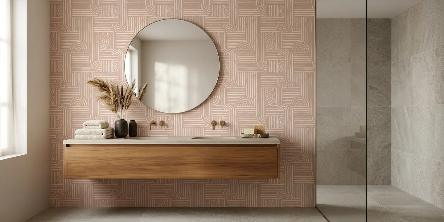 Nomad Stripe artistic wave wallpaper creating ambiance in a serene bathroom
