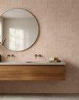 Nomad Stripe artistic wave wallpaper creating ambiance in a serene bathroom