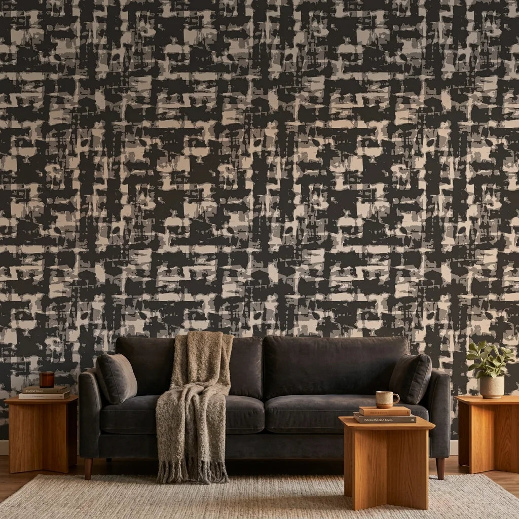 Obsidian Quarry grey abstract peel and stick wallpaper in a warm and inviting living room