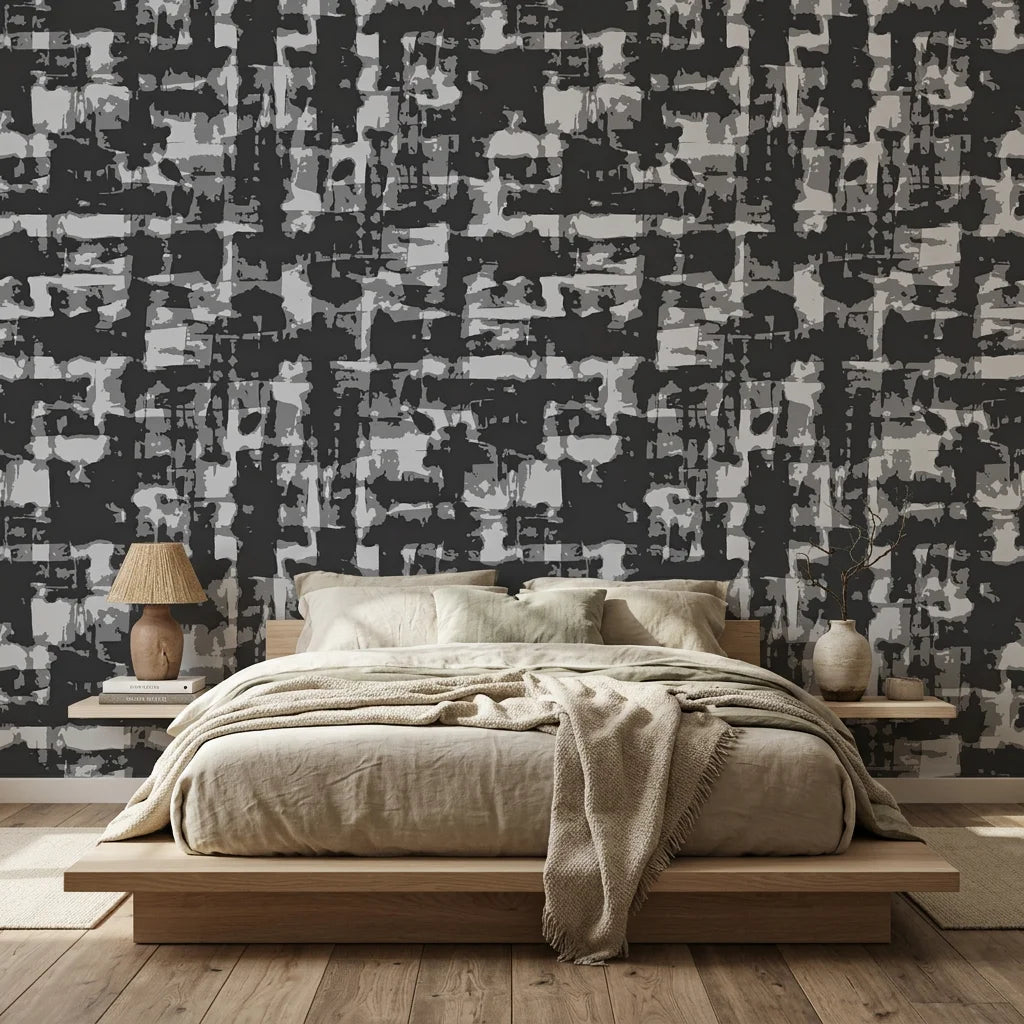 Obsidian Quarry grey abstract peel and stick wallpaper adding character to a cozy bedroom