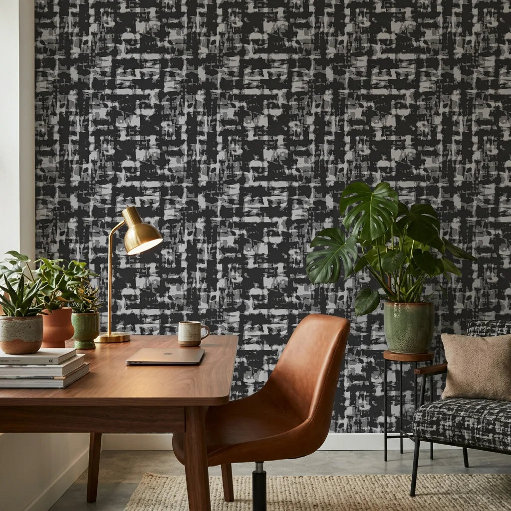Obsidian Quarry grey abstract peel and stick wallpaper as a feature wall in a bright home office