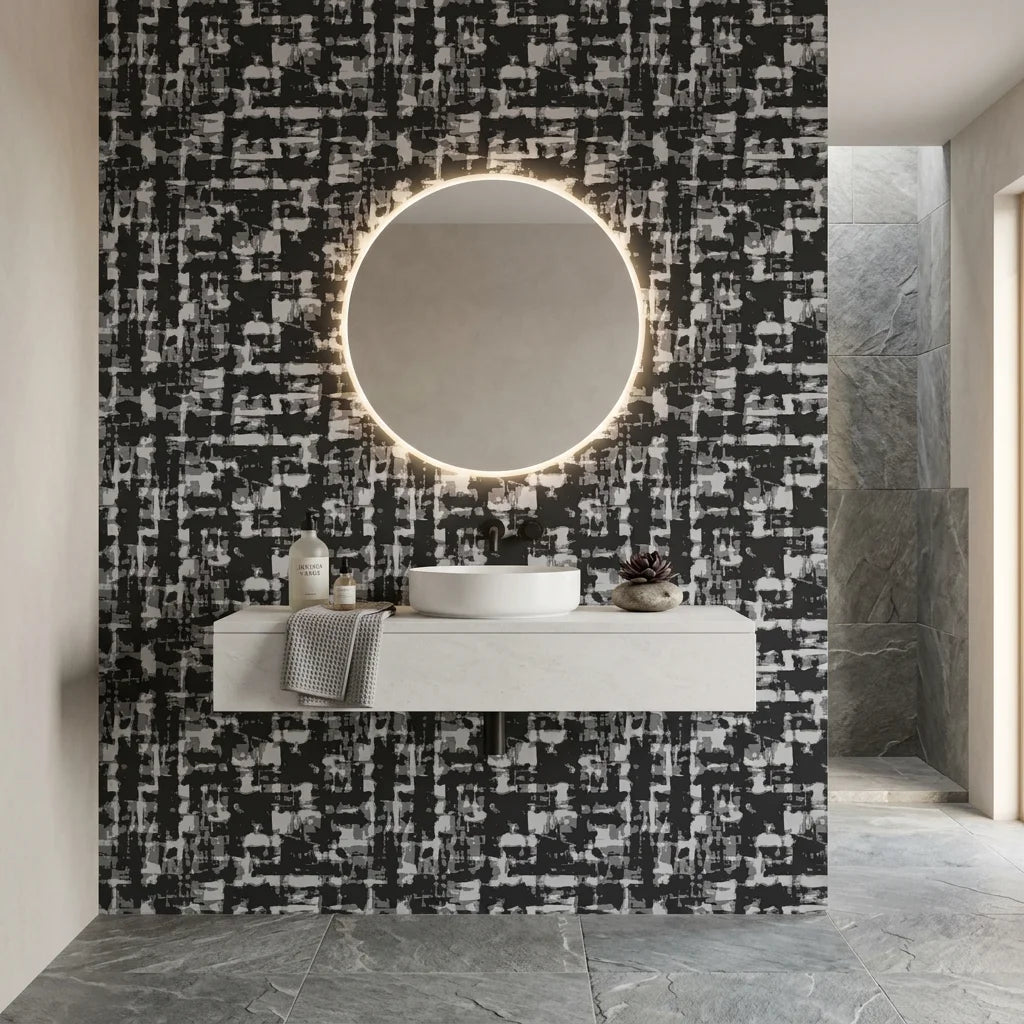 Obsidian Quarry grey abstract peel and stick wallpaper creating ambiance in a serene bathroom