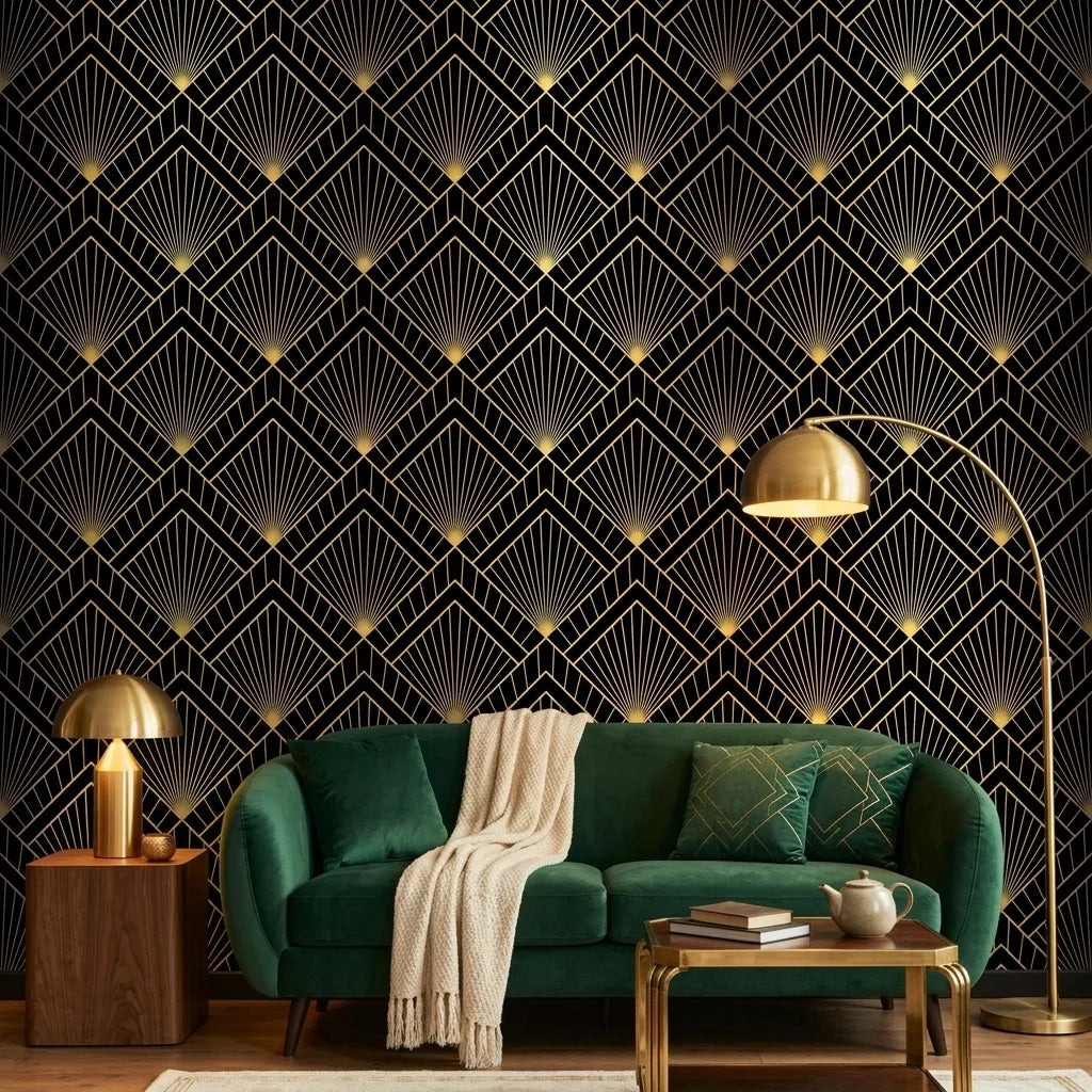 Obsidian Radiance black and gold geometric fan wallpaper creating ambiance in a serene bathroom
