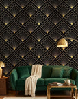 Obsidian Radiance black and gold geometric fan wallpaper creating ambiance in a serene bathroom