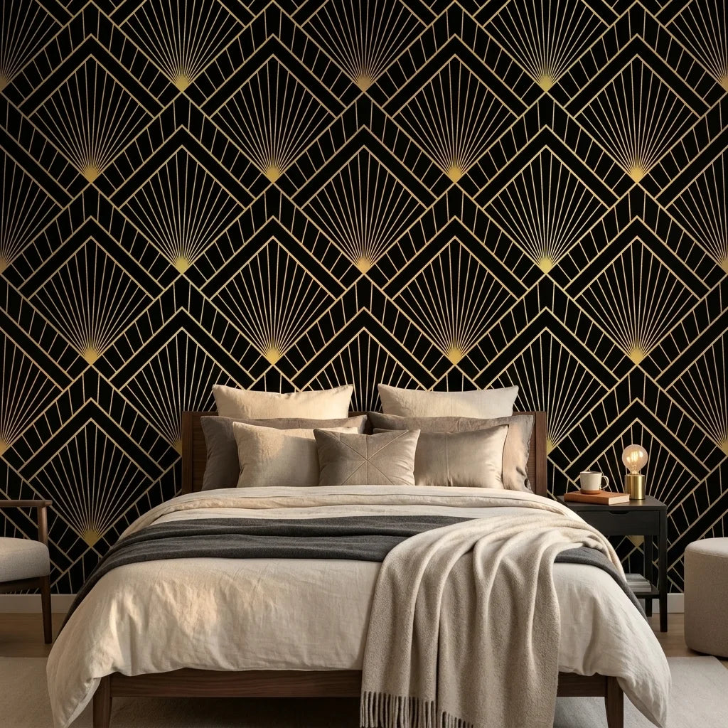 Obsidian Radiance black and gold geometric fan wallpaper in a warm and inviting living room