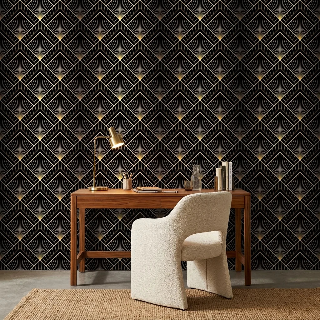 Obsidian Radiance black and gold geometric fan wallpaper adding character to a cozy bedroom