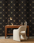 Obsidian Radiance black and gold geometric fan wallpaper adding character to a cozy bedroom