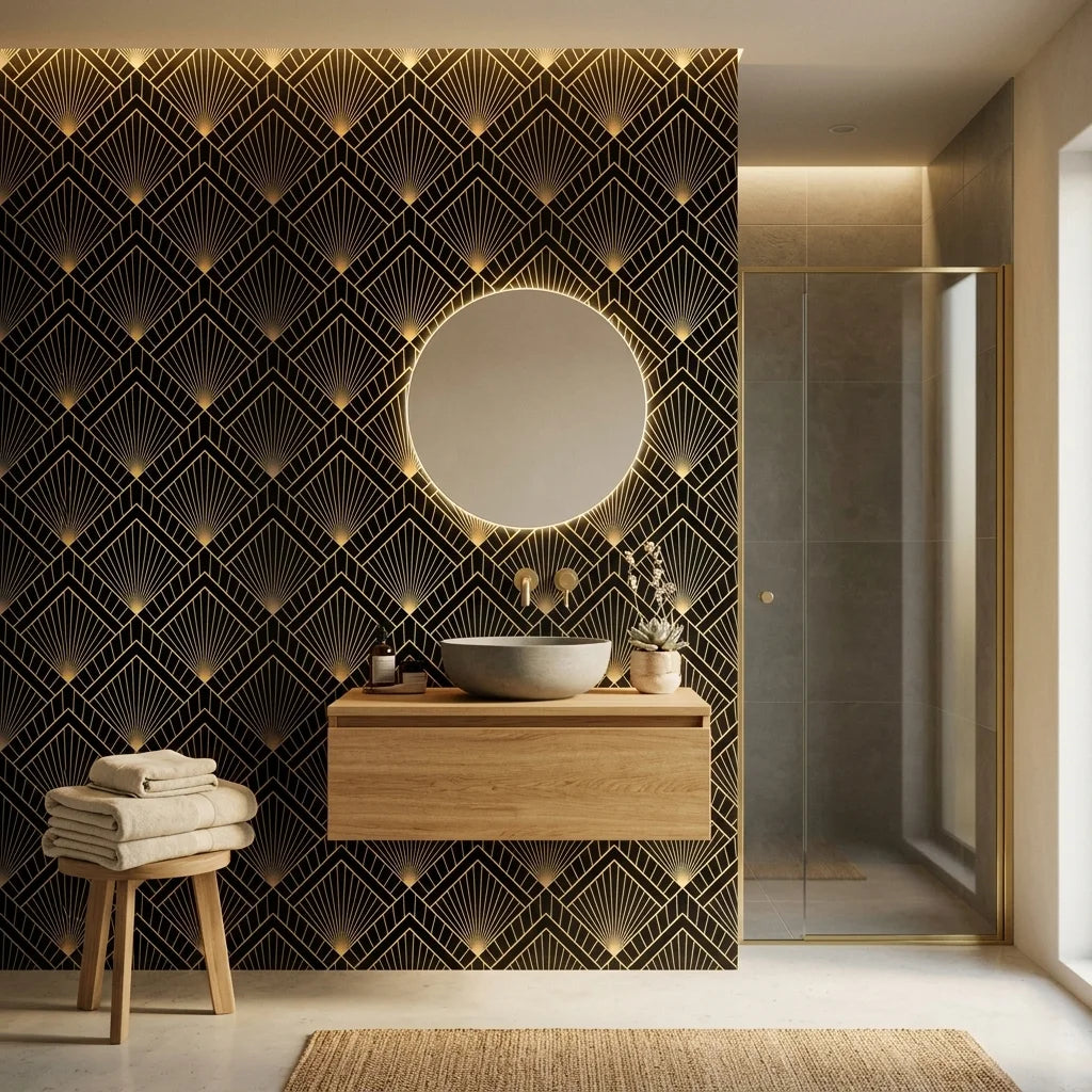 Obsidian Radiance black and gold geometric fan wallpaper as a feature wall in a bright home office