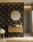 Obsidian Radiance black and gold geometric fan wallpaper as a feature wall in a bright home office
