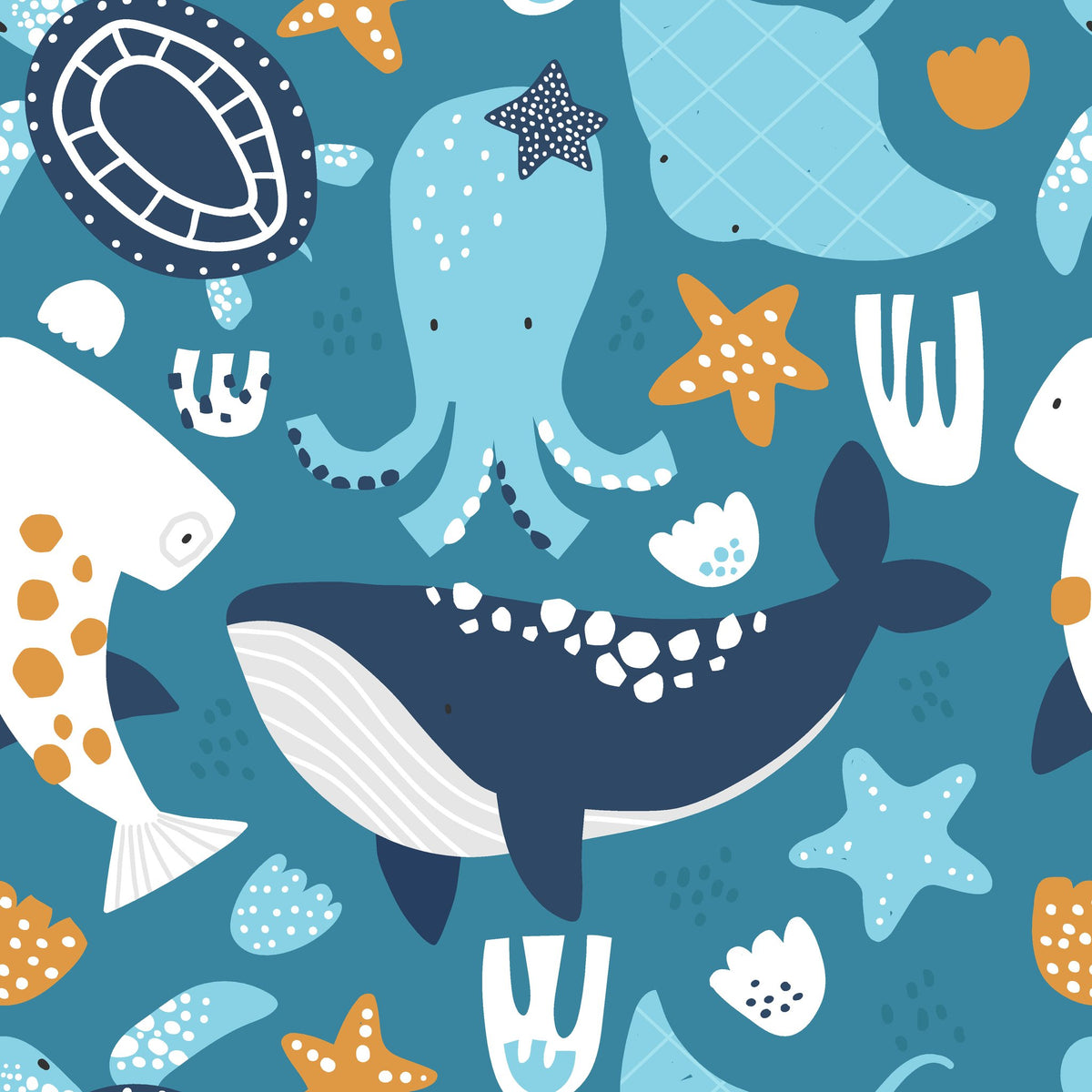 Ocean Dreams teal blue whale and octopus wallpaper