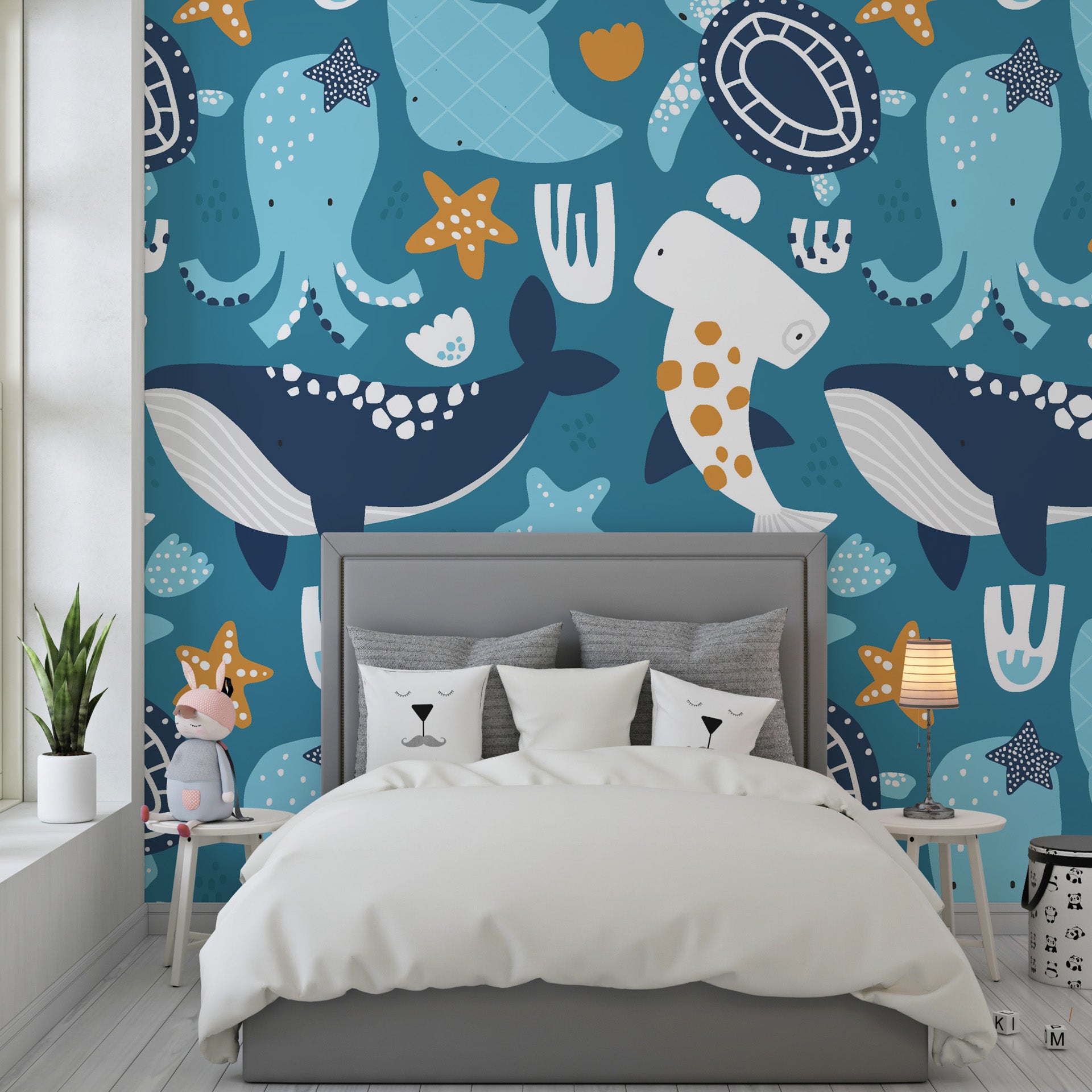 Marine-themed adhesive wallpaper featuring majestic teal whales and octopuses across a blue aquatic backdrop. - Ocean Dreams