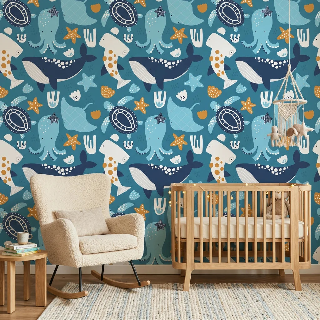 Ocean Dreams teal blue whale and octopus wallpaper in a warm and inviting living room