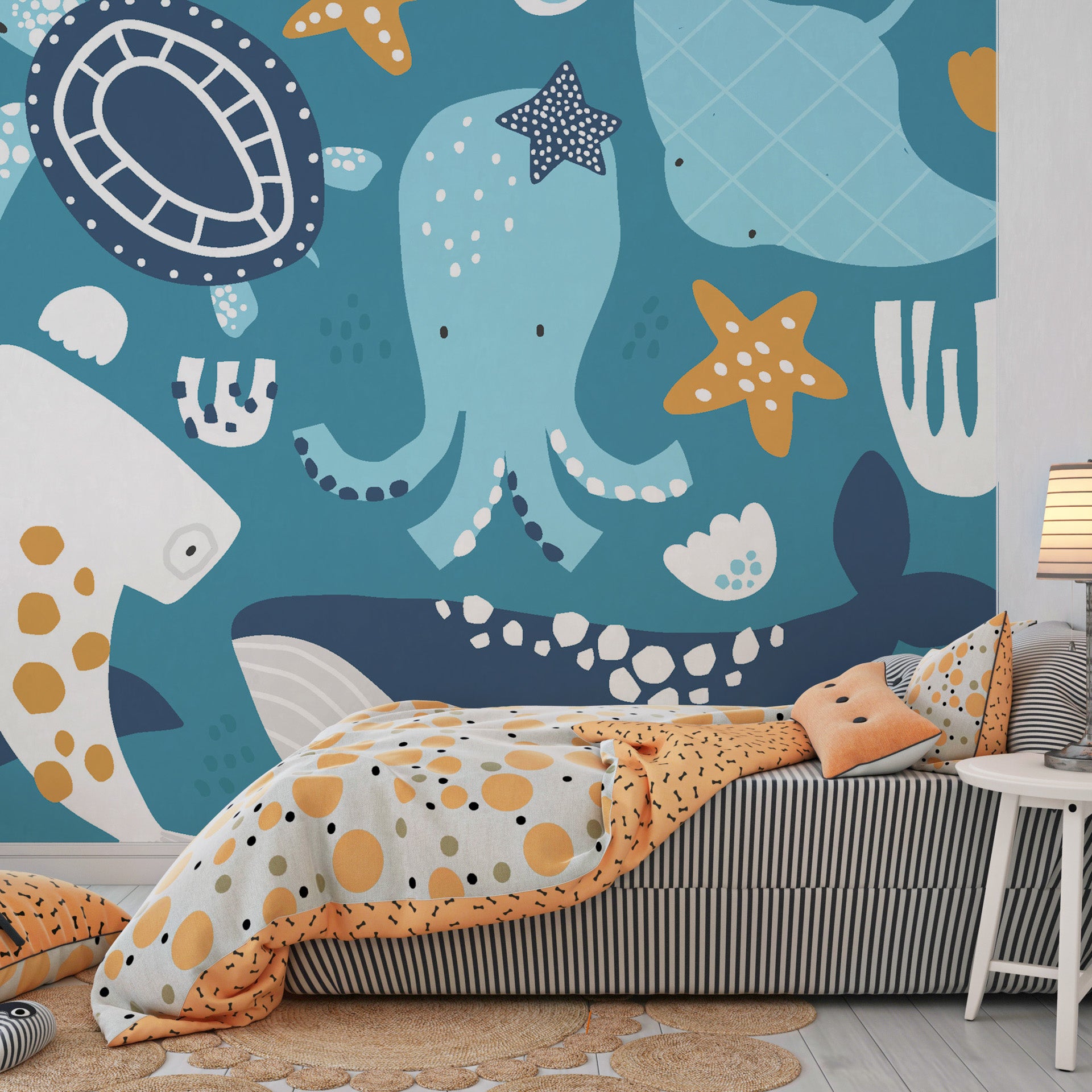Removable wall covering displaying deep-sea life including cyan whales and octopuses in an oceanic pattern. - Ocean Dreams