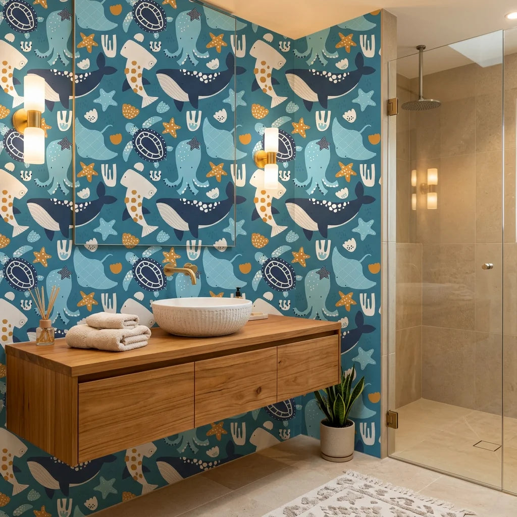 Ocean Dreams teal blue whale and octopus wallpaper adding character to a cozy bedroom