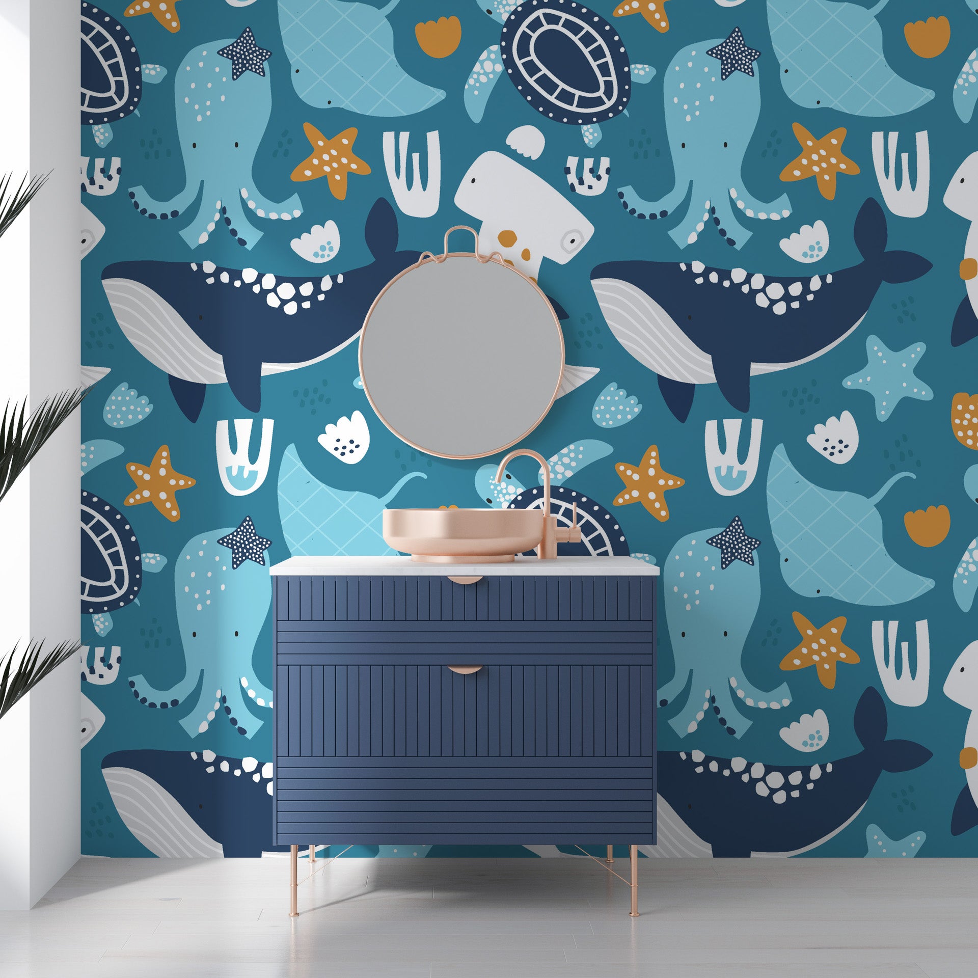 Aquatic peel and stick mural showcasing intricate teal octopuses and blue whales amongst stylized waves. - Ocean Dreams