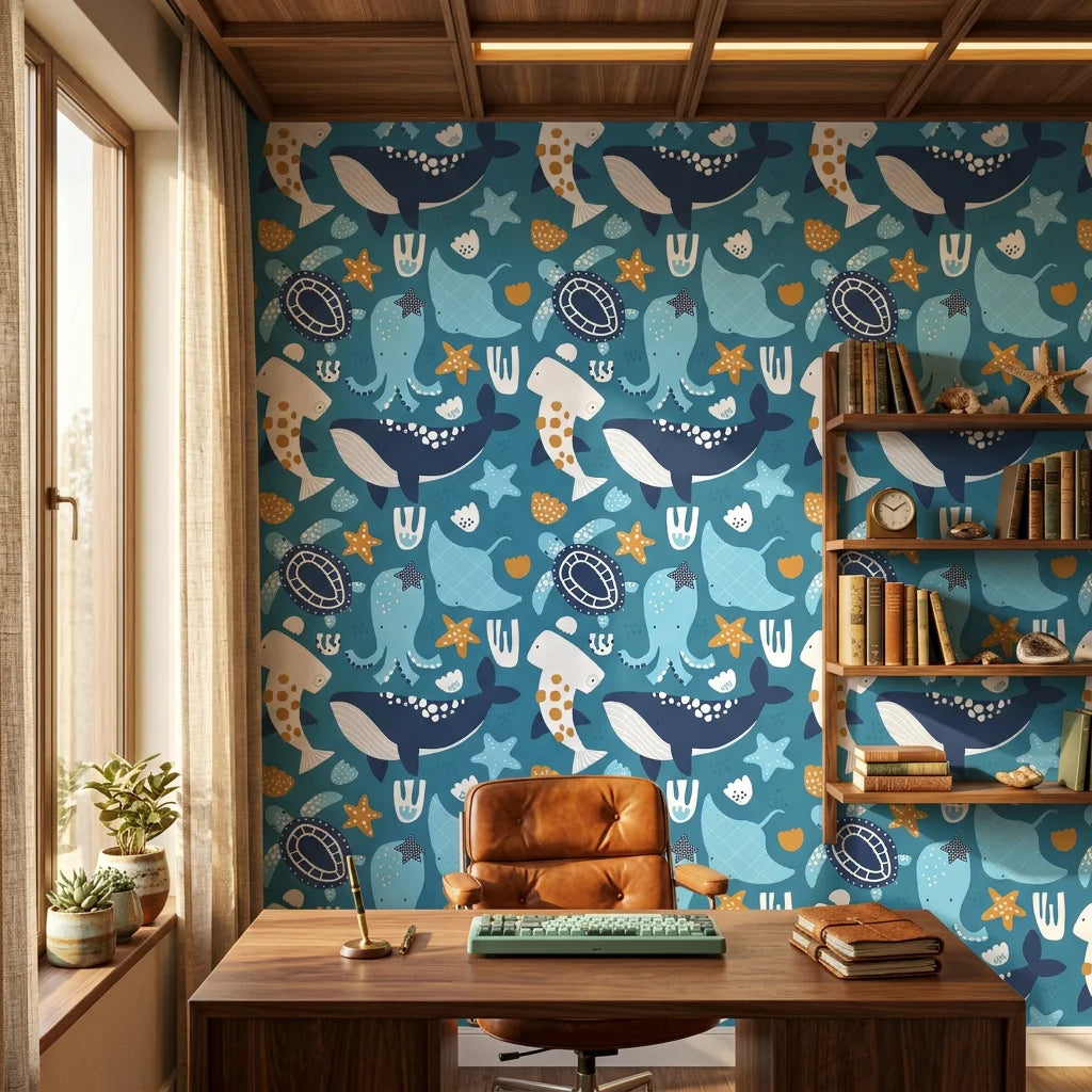 Ocean Dreams teal blue whale and octopus wallpaper as a feature wall in a bright home office